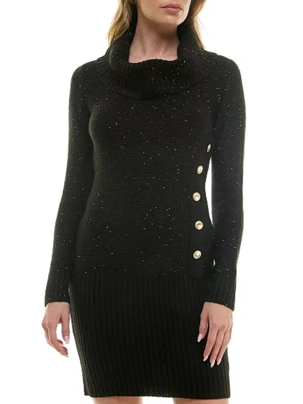 BCX Macys Black Turtleneck Sweater Dress with Gold Side Buttons